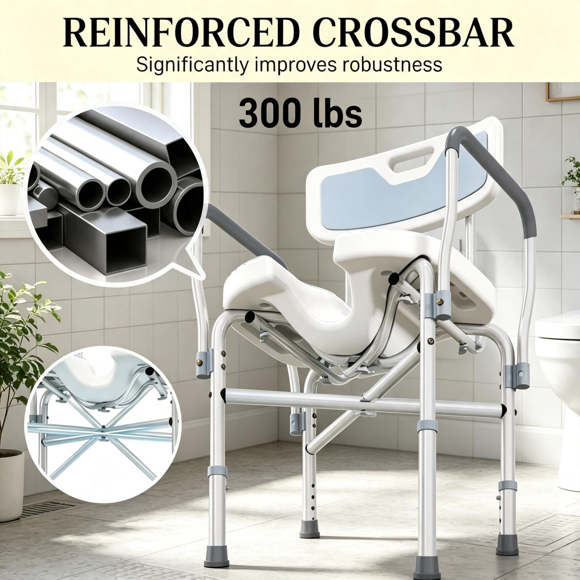 Light Blue Padded Bath Seat, Height Adjustable Anti-slip Shower Chair with Arms and Back