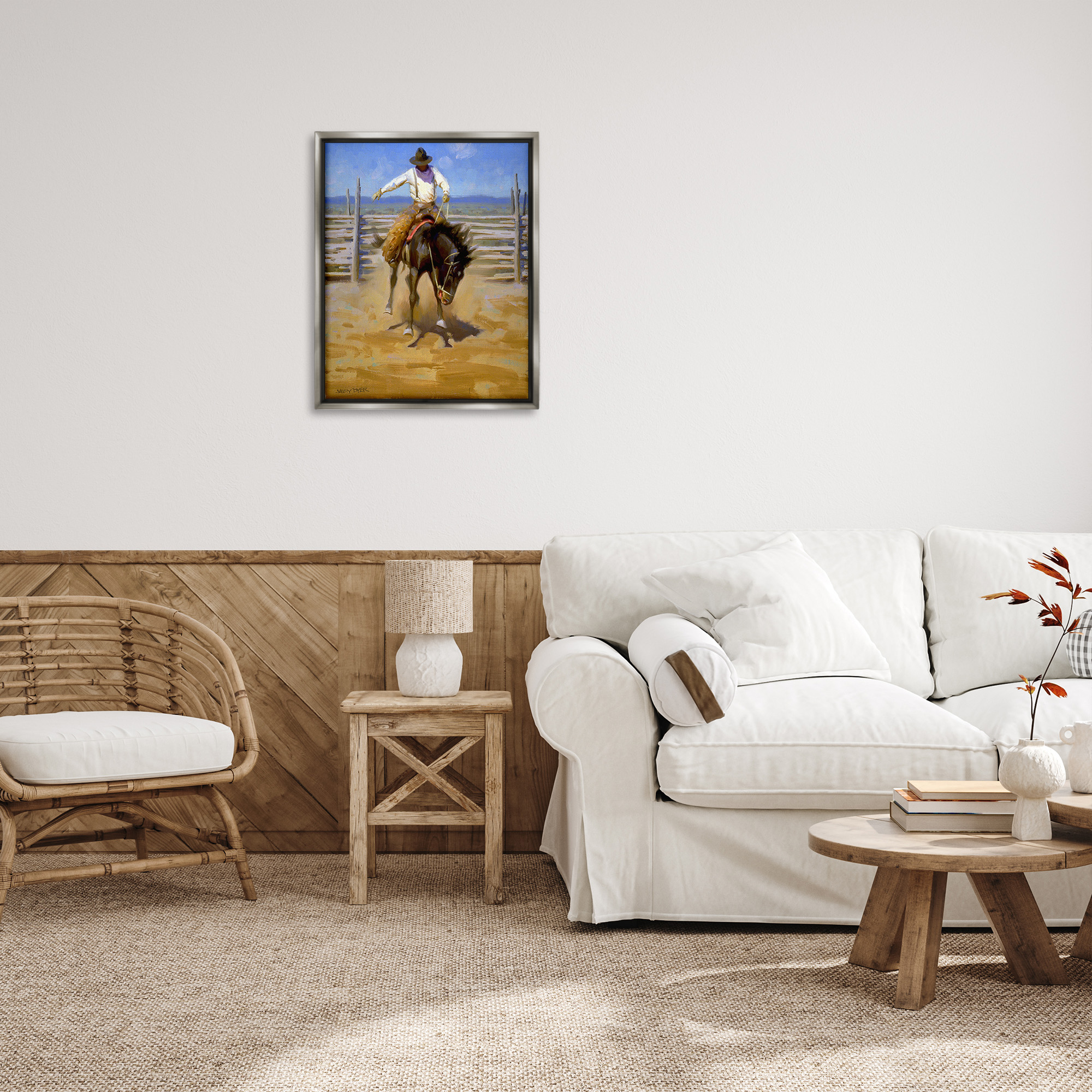 Stupell Industries Cowboy on Farm Landscape Painting Gray Floater Framed Canvas Art Print Wall Art, 25 x 31
