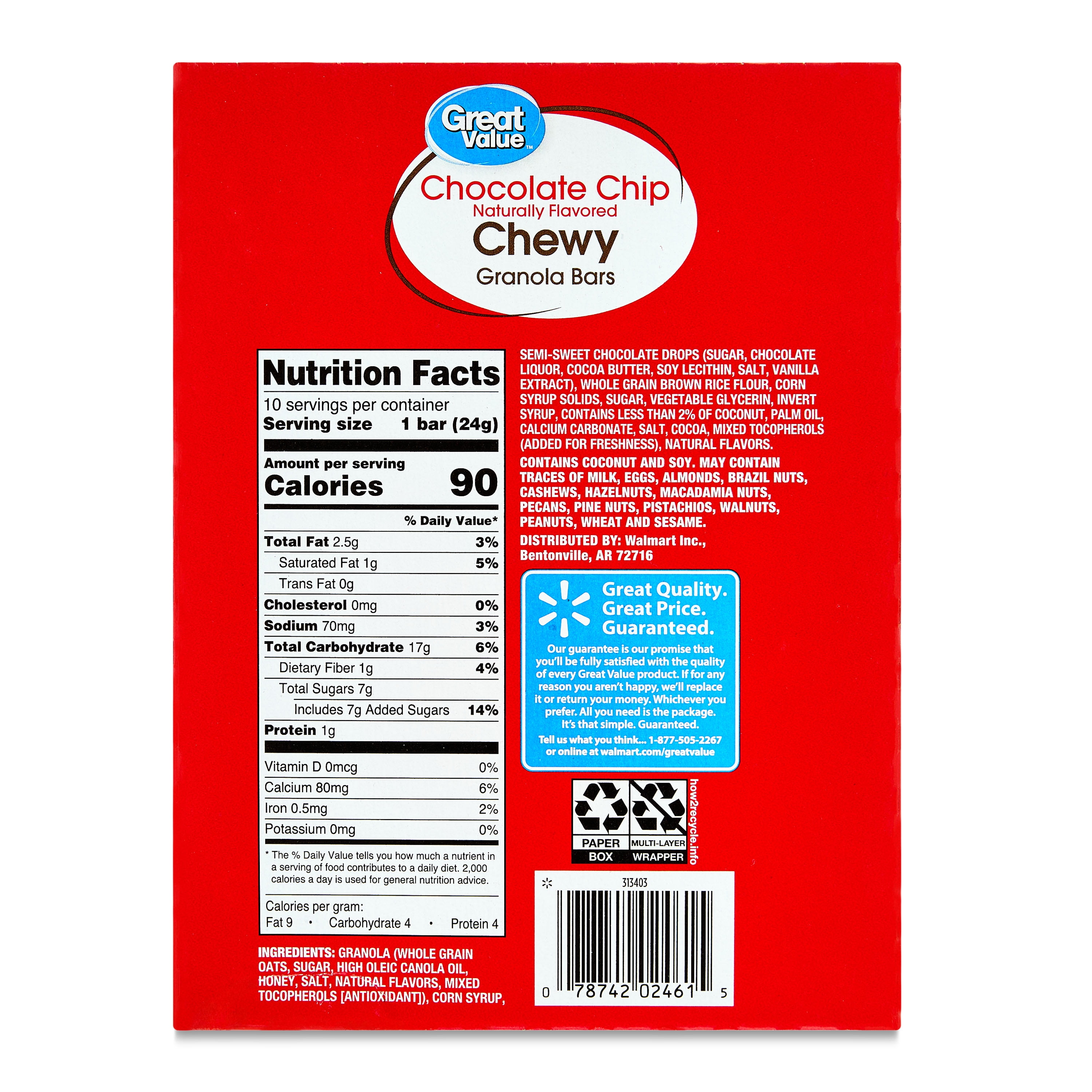 (4 pack) Great Value Chocolate Chip Chewy Granola Bars, 0.84 oz, 10 Count