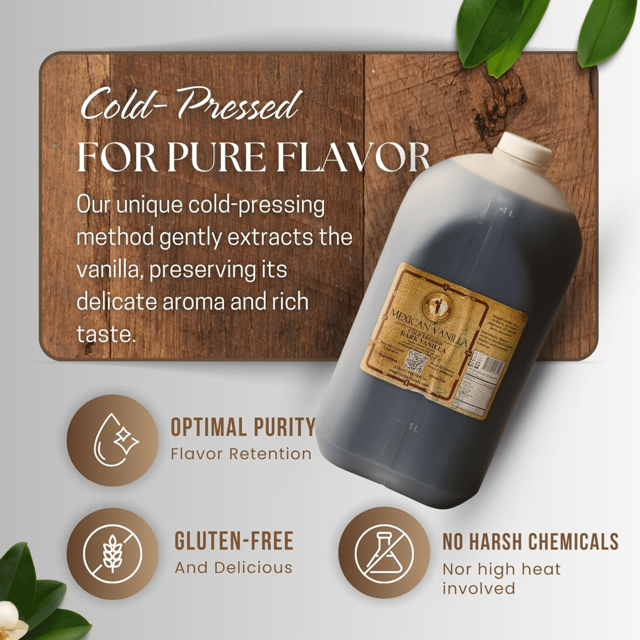 Pure Dark Mexican Vanilla Extract Gluten Free Vanilla for Baking Cakes, Cookies, Desserts, Coffee & Beverages Natural, Bold Flavour 4 Liter / 135.25 fl oz bottle