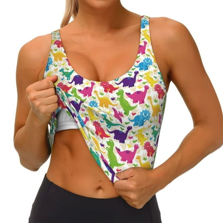 Qokaie Colorful Dinosaurs Pattern Womens Scoop Neck Sports Bra Breathable Workout Vest Padded U Back Medium Impact Fitness Gym Yoga Bra Workout Crop Top