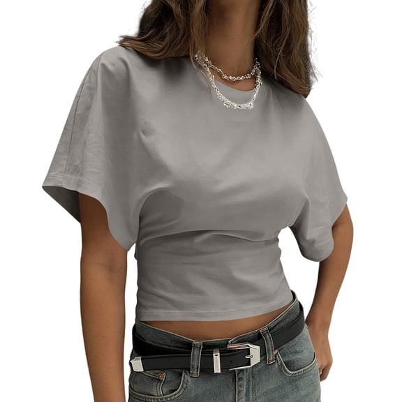 ZGRBOU Womens Crewneck Tighten Waist Ruched T-Shirt Casual Short Sleeve Workout Tops Summer Solid Color Basic Tees