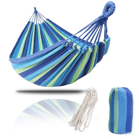 MDHAND Double Hammock, 2 people Sturdy Hammock, Canvas Cotton Hammock with Carrying bag for Camping,Travel, Beach etc (Blue Stripes)