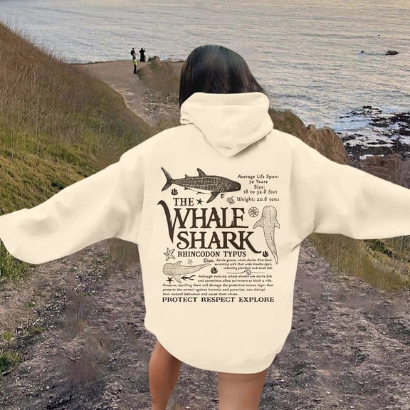 FASHOFT Cute Graphic Hoodies for Women Ocean Whale Shark Print Hoodie Preppy Sweatshirt Casual Long Sleeve Pullover Tops Beige L