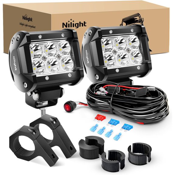 Nilight 2PCS 4 Inch 18W Spot LED Light Mounting Bracket Horizontal Bar Tube Clamp with Off Road Wiring Harness-2 Leads