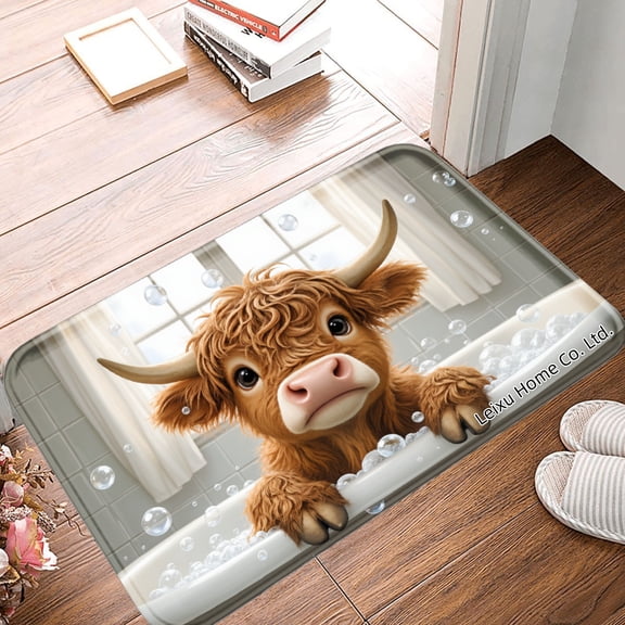 FJPT Cute Cow In Bathtub Non Slip Flannel Floor Mat Kitchen Mat For Bathroom Kitchen Bedroom Decor 24x16 inch