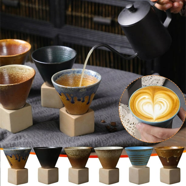 Tazas cerámicas gruesas - tazas de café retro de 7 oz, forma triangular, aptas para microondas y lavavajillas, set de 1 (azul oscuro, marrón, gris, blanco, verde, azul)