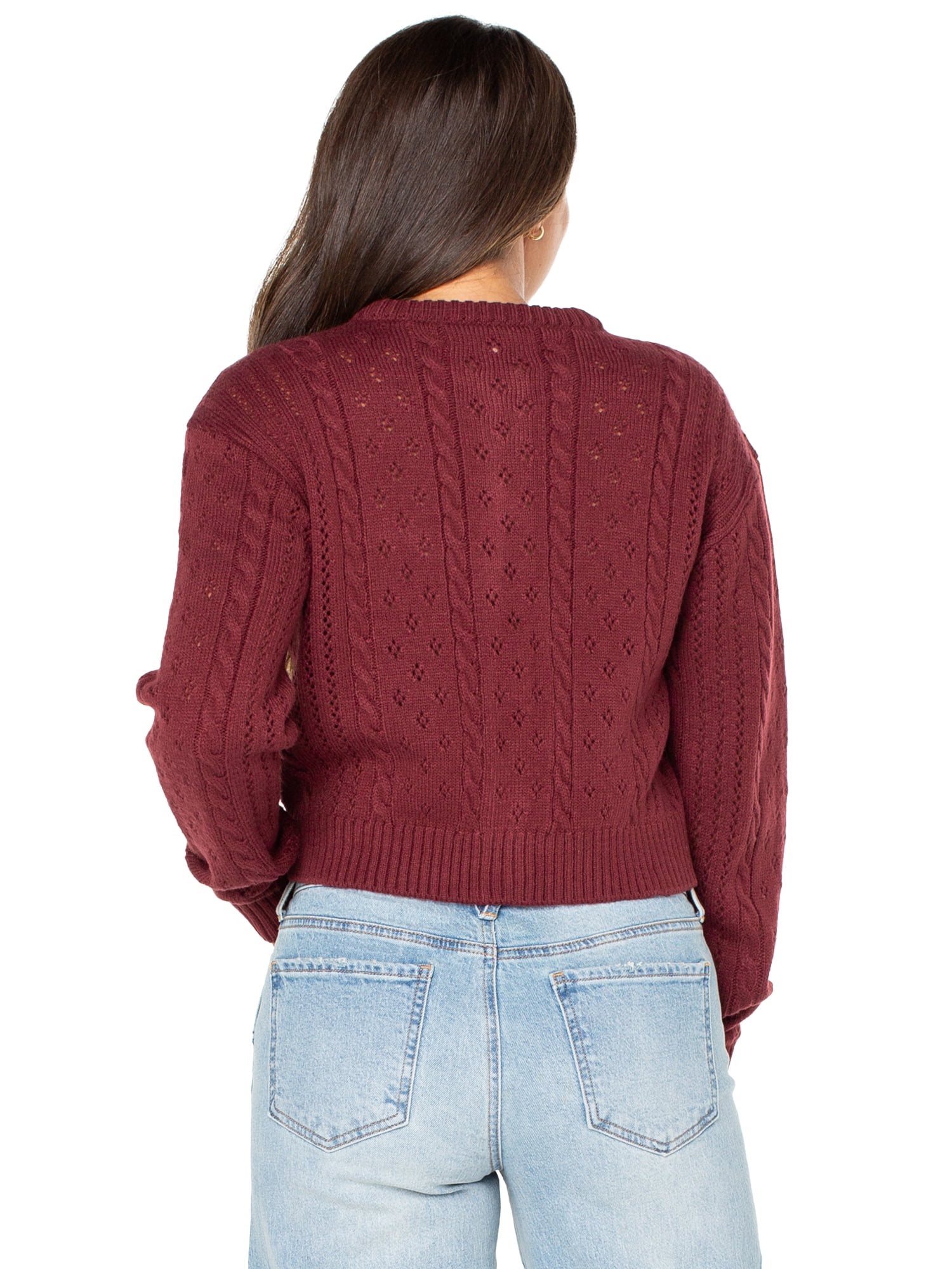 Celebrity Pink Women's Pointelle Crewneck Cardigan Sweater, Sizes XS-XXXL