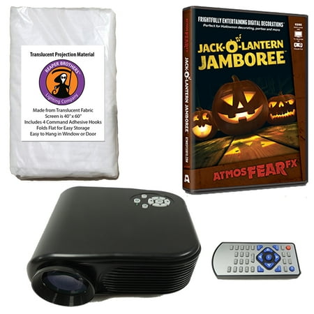 Rear Projection Screen Kit - Halloween Digital Decoration Kit includes 800 x 480 Resolution Projector, Reaper Brothers® High Resolution Window Rear Projection Screen and AtmosFearFX Jack O Lantern Jamboree DVD