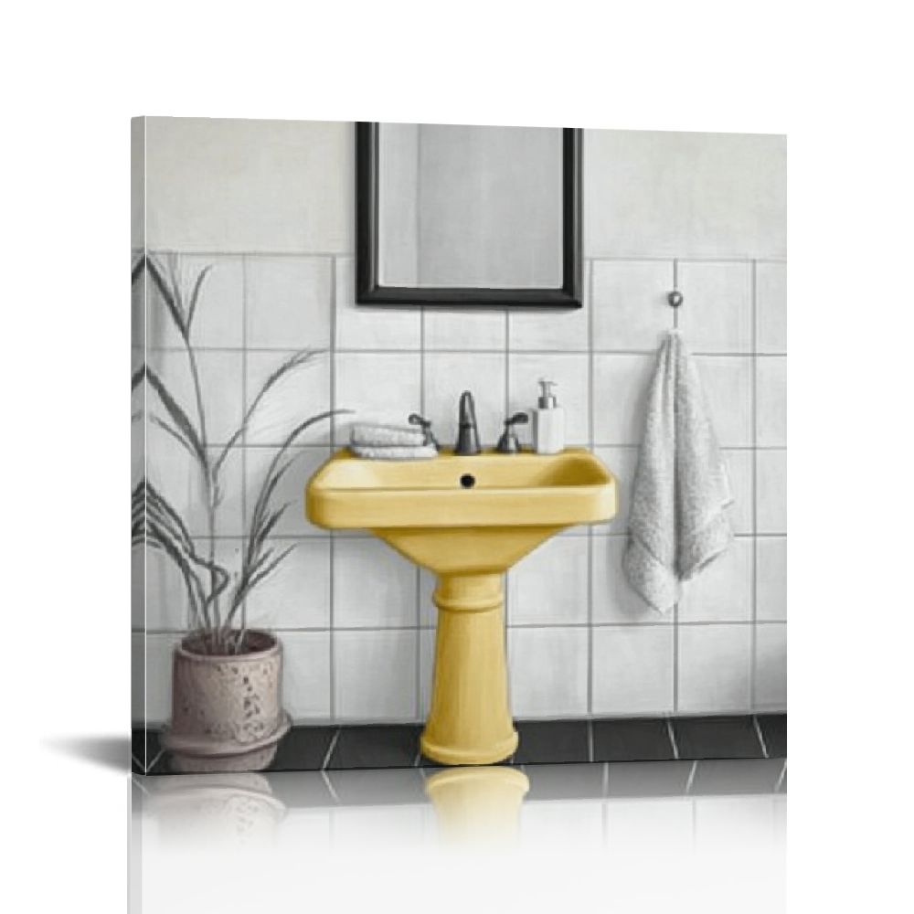 Acheng Bathroom Wall Art Bath Tub Painting Picture Bathroom Wall Decor Framed Ready to Hang (Yellow) 20x20in