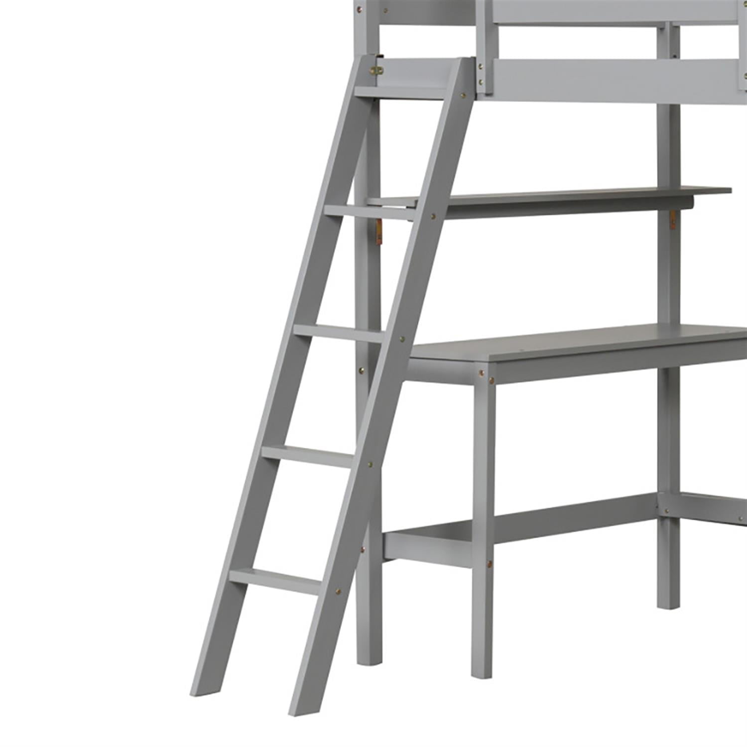 Demi Bonn Loft Bed Twin Size, Solid Wood Loft Bed with Desk and Bookshelves, Modern Wooden Bed Frame for Teens, Gray