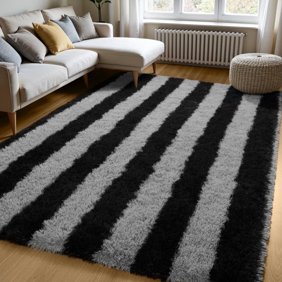 Alfombra Zentavio, 152 x 244 cm, felpa suave, negra y gris