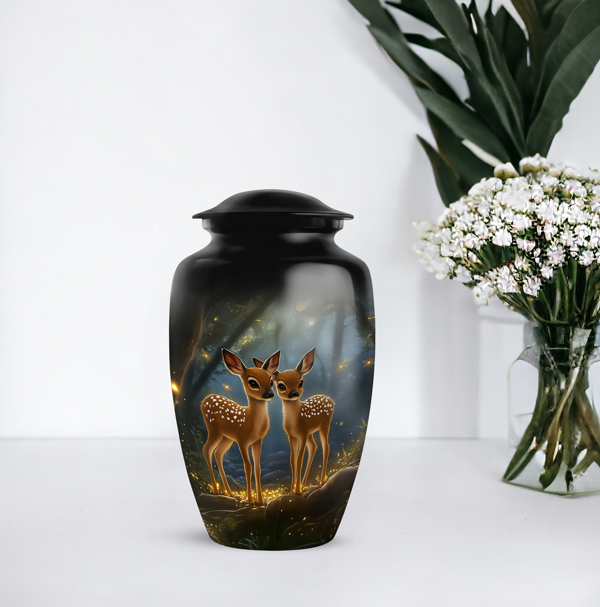 MUKTIVE Deer Memorial Urns for Adult Male - Large Black Funeral Urns for Human Ashes Adult Female - Cremation Urn for Mom & Dad - Handcrafted Burial Urn for Humans - 10 Inch