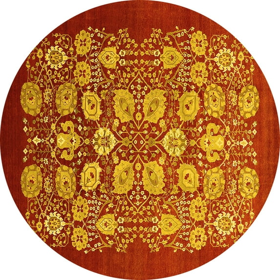 Ahgly Company Machine Washable Indoor Round Oriental Yellow Industrial Area Rugs, 8' Round