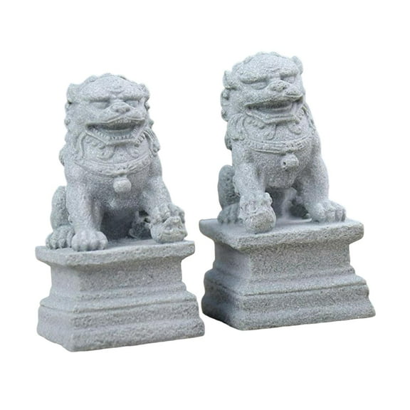 2x Asian Style Lions Statues Garden Sculptures Landscape Miniature Sandstone Decoration for Lawn Patio Pathway Outdoor Balcony
