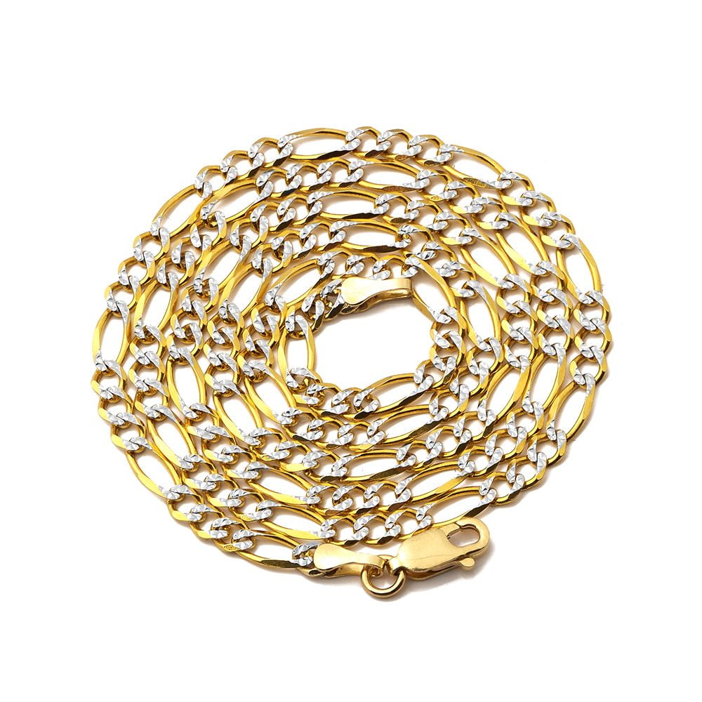 10K Yellow Gold Pave Two-Tone Figaro Hollow Chain Necklace with White ...