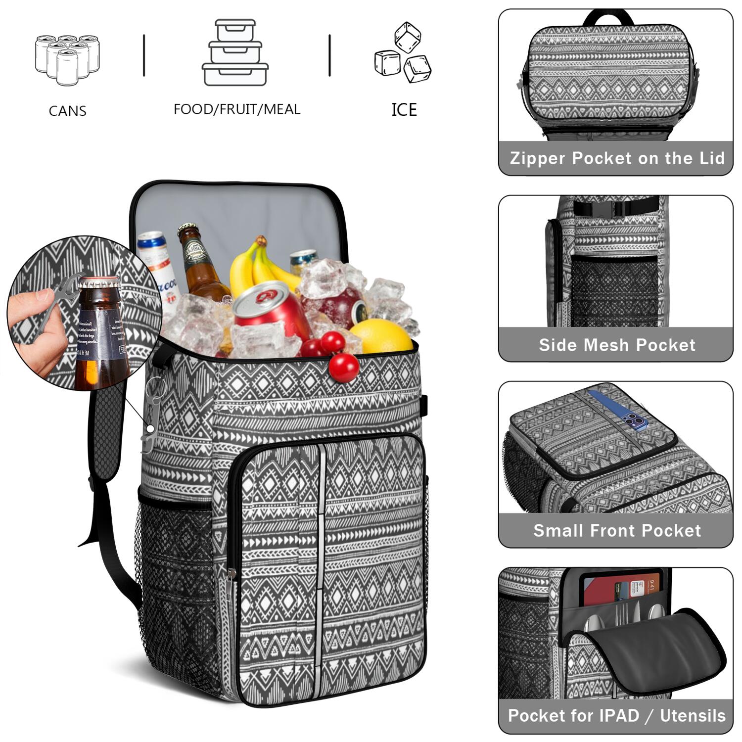 Travel Cooler Bag - Boho Bohemia Pioneer Flower Geometric Line Art Camping Beer Cooler Backpack with Bottle Opener- Waterproof Insulated Picnic Backpacks - Cooler Bag for Beach
