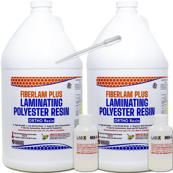 FIBERLAM PLUS 2G POLYESTER RESIN 2 Gallon  MEKP; Low Viscosity Coating for Laminating Fiberglass mat, biaxle & cloth for Boats, RV, Car & Truck Canoe Surfboards, EXTENDED TACKY Time, parts casting