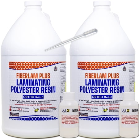FIBERLAM PLUS 2G POLYESTER RESIN 2 Gallon +MEKP; Low Viscosity Coating for Laminating Fiberglass mat, biaxle & cloth for Boats, RV, Car & Truck Canoe Surfboards, EXTENDED TACKY Time, parts casting