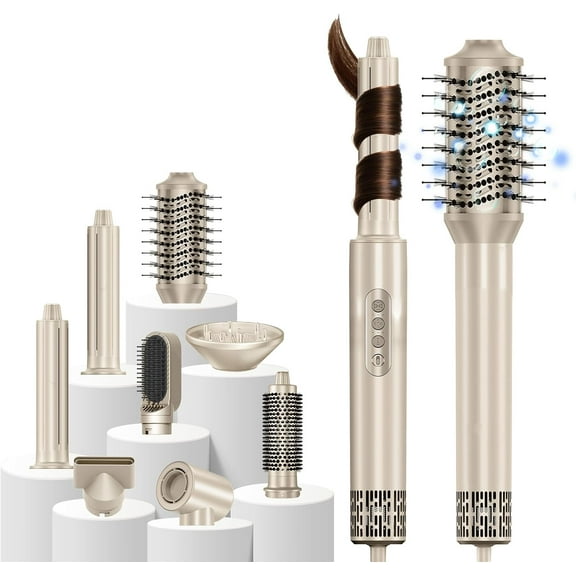 8 in 1 Hair Pro Styler & Hair Dryer Brush Blow Dryer,110000 RPM High-Speed Hot Brush Styler and Auto Wrap Curlers, Negative Ions for Straightening Curling Volumizing Drying, Champagne Gold