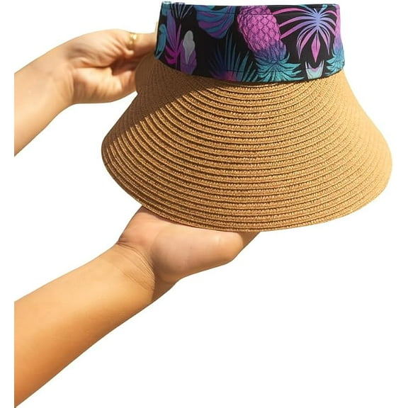 Women's Wide Brim Straw Visor Hat with Printed hat Band