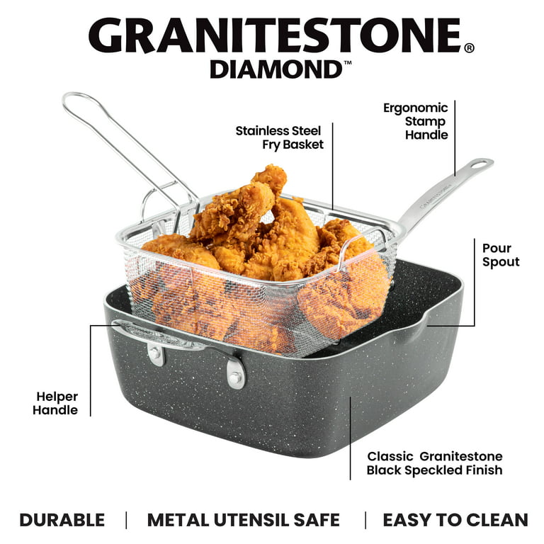 Granitestone Nonstick 4 PC 9.5 inch Deep Square Pan with Fry Basket and Steamer - Black