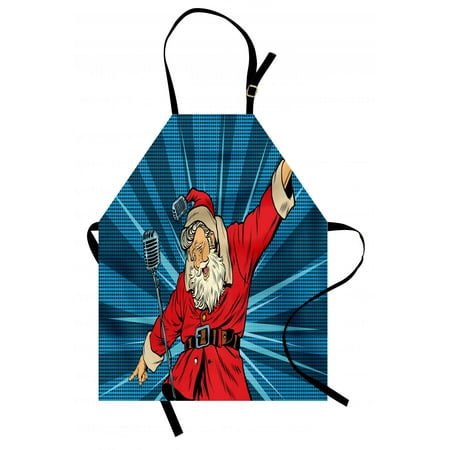 Popstar Party Apron Pop Art Style Santa Claus Superstar Singer on Stage with Retro Microphone, Unisex Kitchen Bib Apron with Adjustable Neck for Cooking Baking Gardening, Blue Red Tan, by Ambesonne