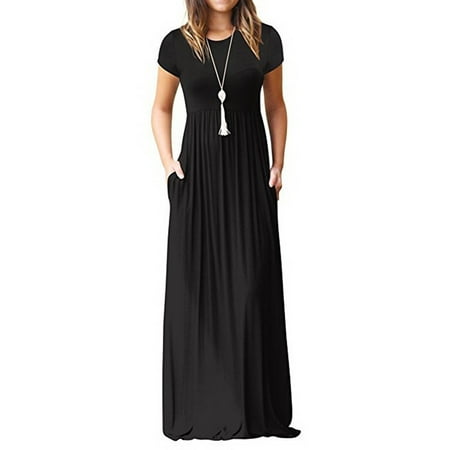 Women's Short Sleeve Solid Color A line Maxi Dress Spring and Summer Female Vintage High Waist Pleated Floor Length Long