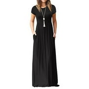 Women's Short Sleeve Solid Color A line Maxi Dress Spring and Summer Female Vintage High Waist Pleated Floor Length Long Dress