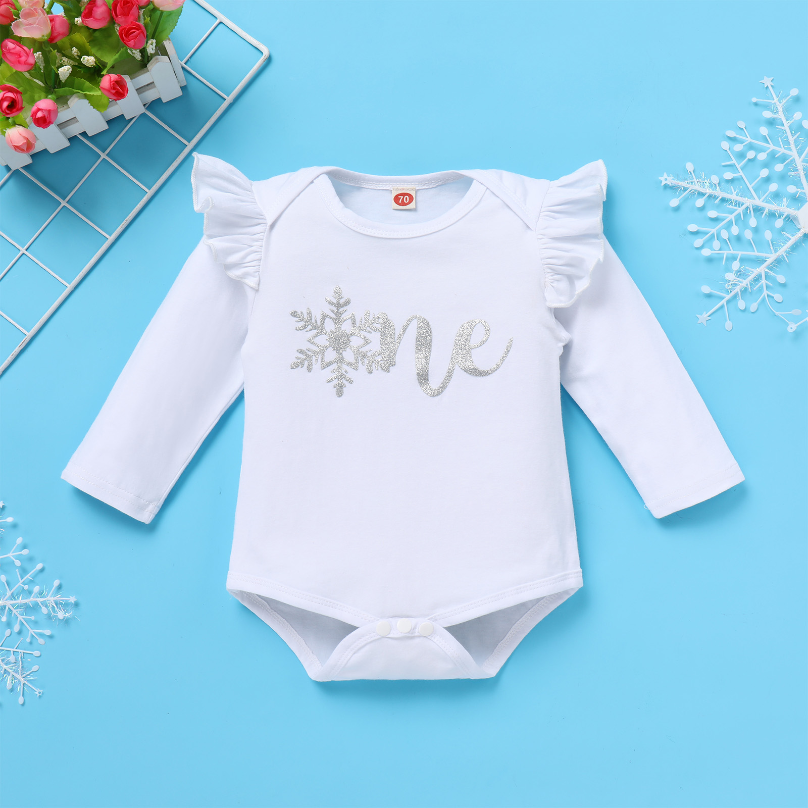 IDOPIP Baby Girls 1st Birthday Outfit Winter Snowflake One Romper+ Velvet Bell Bottoms Cake Smash Outfits