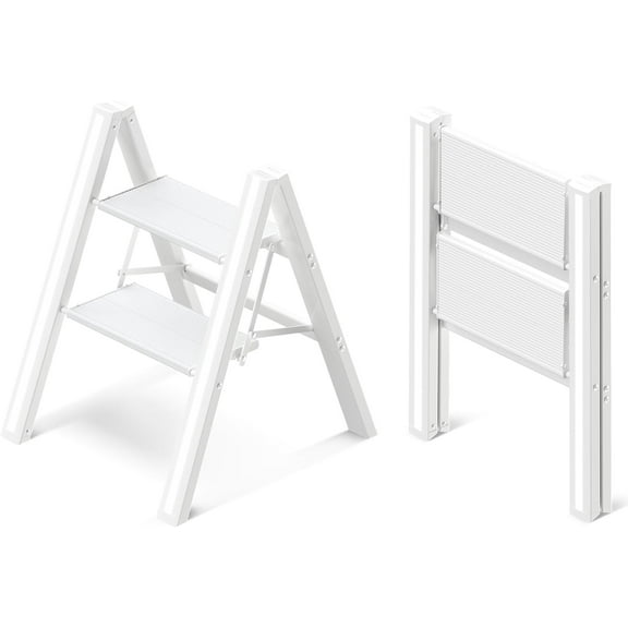 2 Step Ladder, Aluminum Folding 2 Step Stool with Anti-Slip Sturdy and Wide Pedal, Lightweight Portable Stepladder for Home and Kitchen Use Space Saving, Cream White, 330 lbs