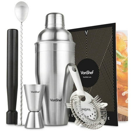 Cocktail Gift Set VonShef 5pc 19oz Manhattan Cocktail Shaker Bartender Set Stainless Steel with Bar Spoon, Hawthorne Strainer, 1oz Measuring Jigger, Muddler, Recipe Book and Gift Box ()