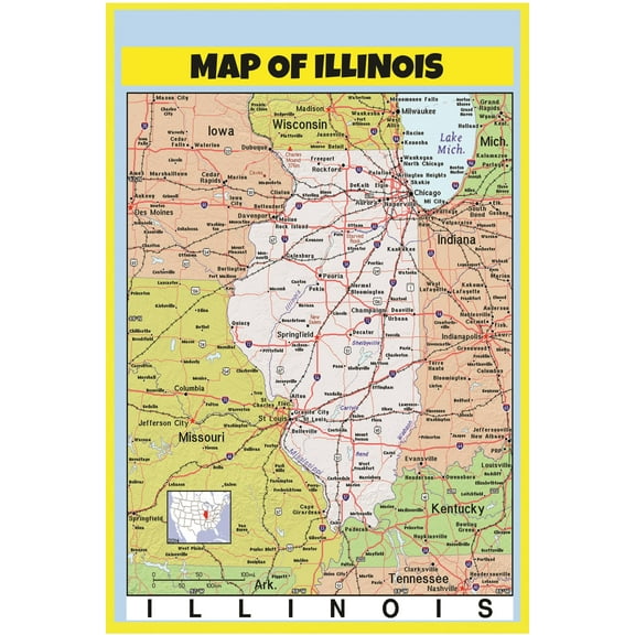 Map of Illinois Style C - Laminated Wall Map Poster Print Perfect for Classrooms and Homes - Vivid Imagery with Bright Colors - 18x24