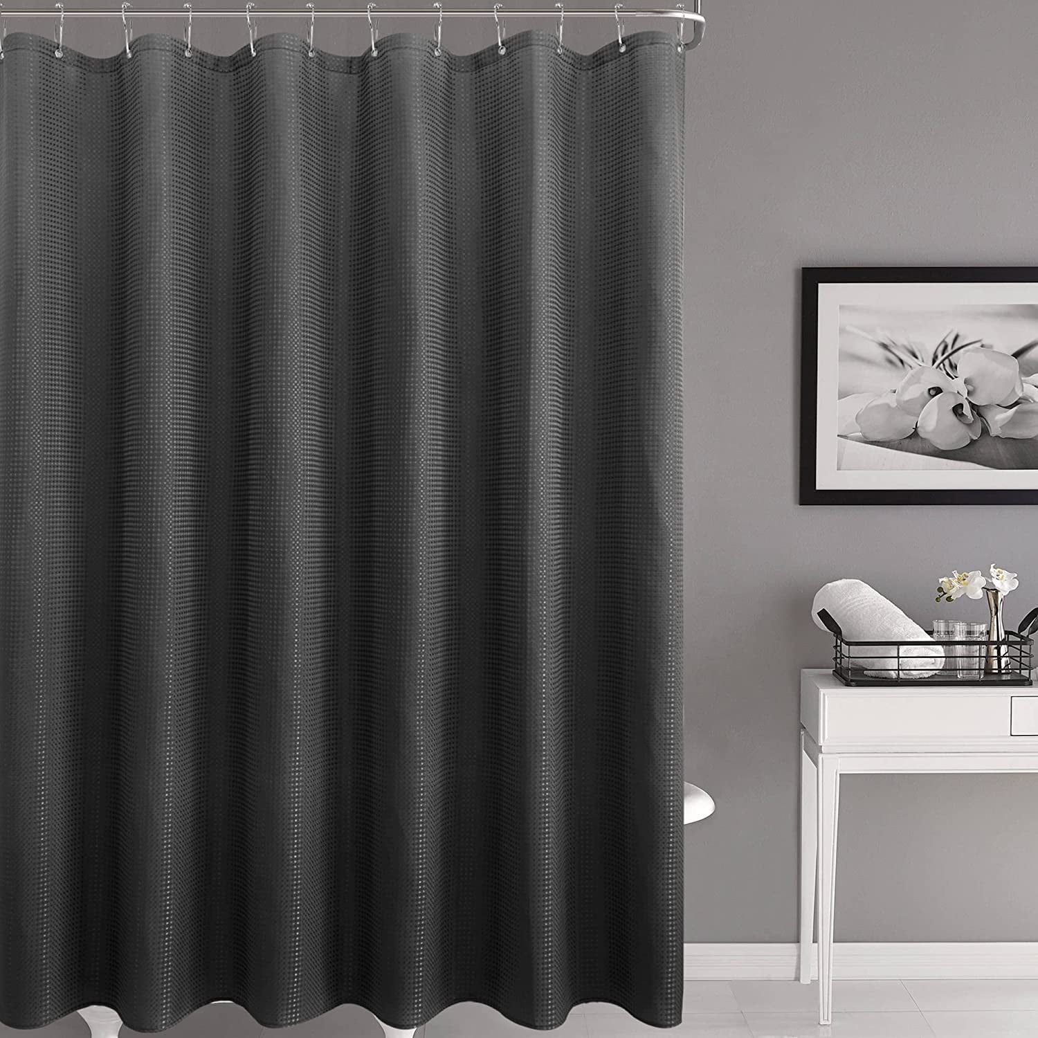 Waffle Weave Fabric Shower Curtain Black Cloth Shower Curtain for Bathroom Extra Long Heavy