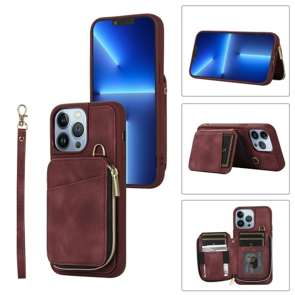 ELEHOLD for iPhone 11 Pro Max 6.5 inch Luxury Zipper Wallet Case with Card Slots Zipper Pocket Kickstand Function Wriststrap Crossbody Shoulder Strap Shockproof Purse Case,Winered