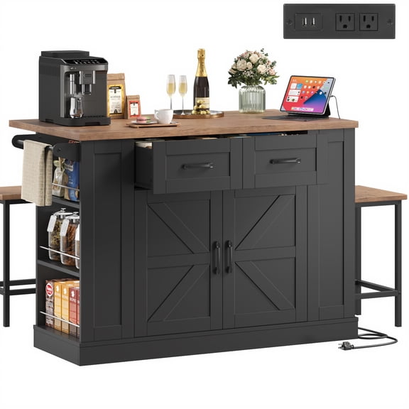 Black Kitchen Island With Drop Leaf, 2 Stools, Power Outlet & Storage
