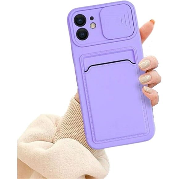 iPhone 12 Case with Card Holder Soft Liquid Silicon Scratch-Resistant Camera Cover Slide Lens Protective Case for Apple iPhone 12