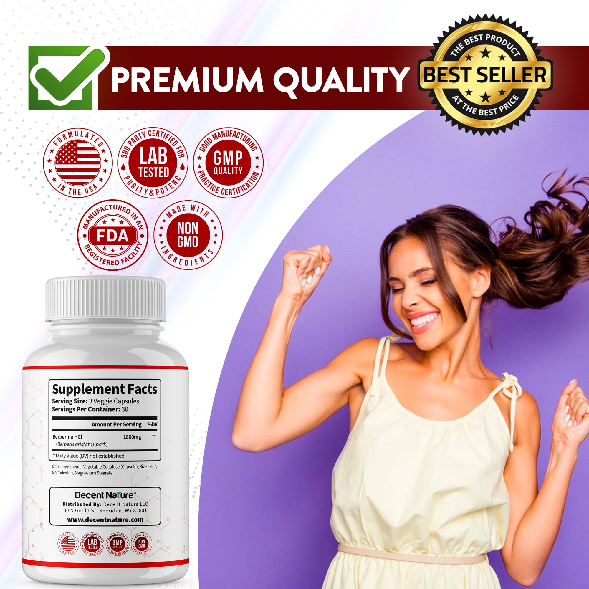 Decent Nature Berberine Supplement 1800mg Berberine HCl 97% Purity 90 Capsules