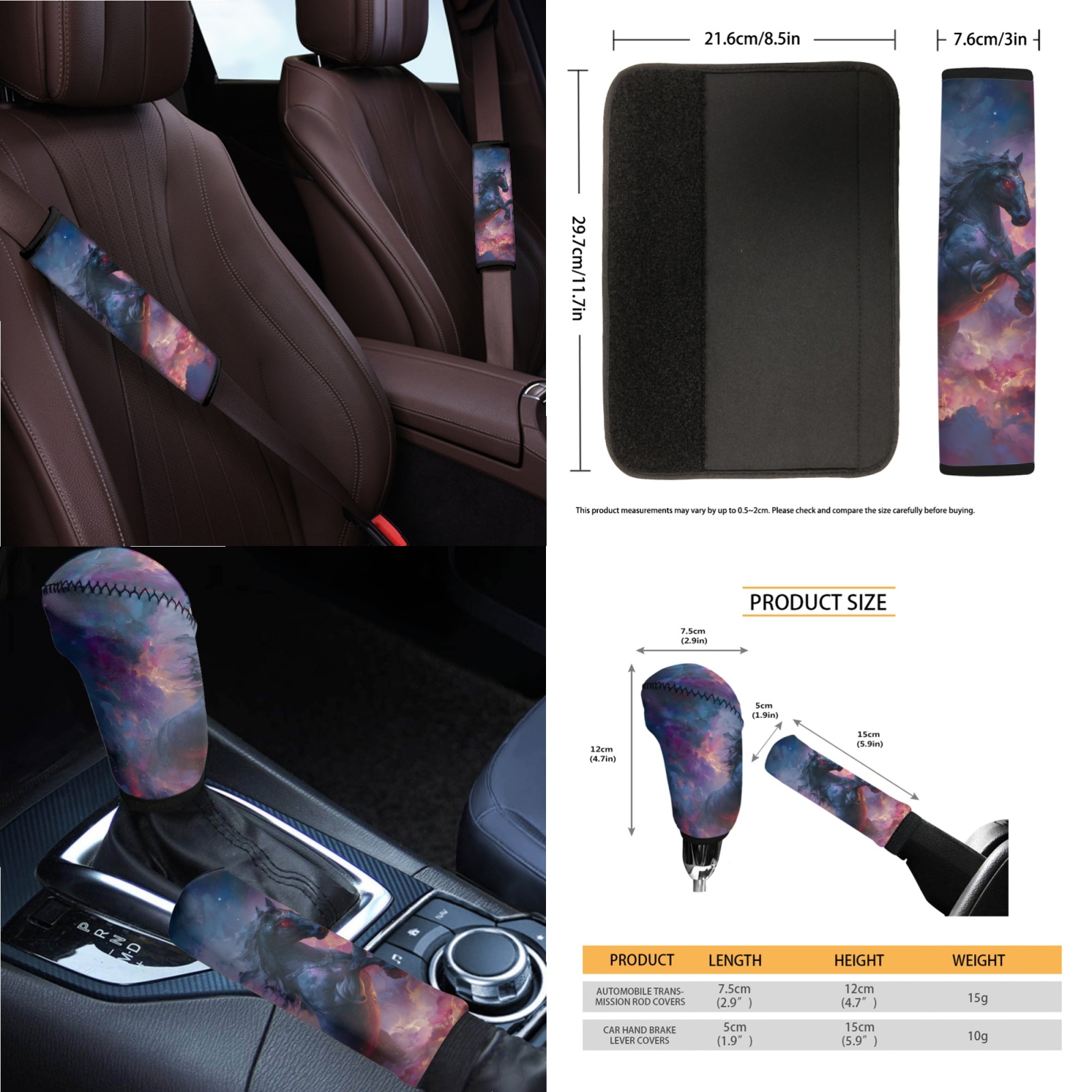 Renewold Black Horse Galaxy Car Seat Cover Full Set 14 Pack, with Steering Wheel Seat Belt Rear View Mirror Center Console Trash Can Coaster Gear Shift Knob Cover Set Universal Fit for Most Vehicles