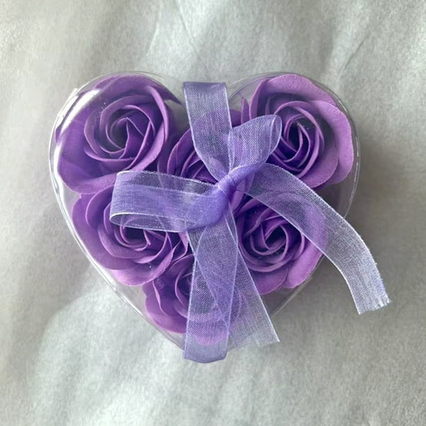 6Pcs 6 Heart-Shaped Soap Flowers PVC Artificial Roses in Transparent Heart Box with Purple Ribbon Romantic Valentine's Day Small Gift and Keepsake Decor6 piezas 6 flores de jabón en forma JASKFLY