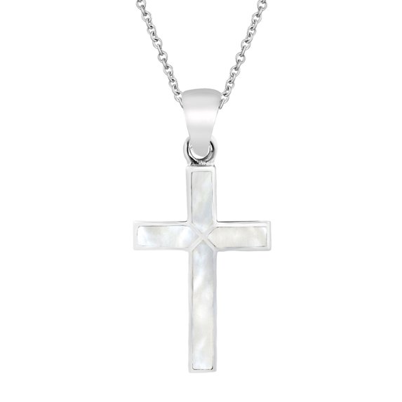 Colorful Cross of Faith Inlaid White Shell .925 Sterling Silver Necklace
