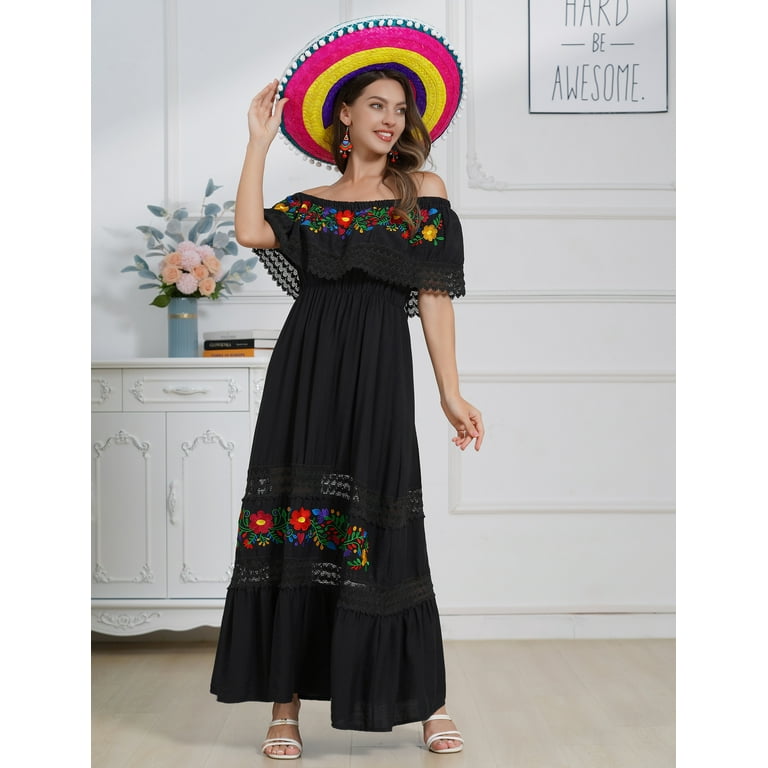 IDOPIP Women Mexican Dress Off Shoulder Floral Embroidered Long Maxi Dress Traditional Fiesta Dresses