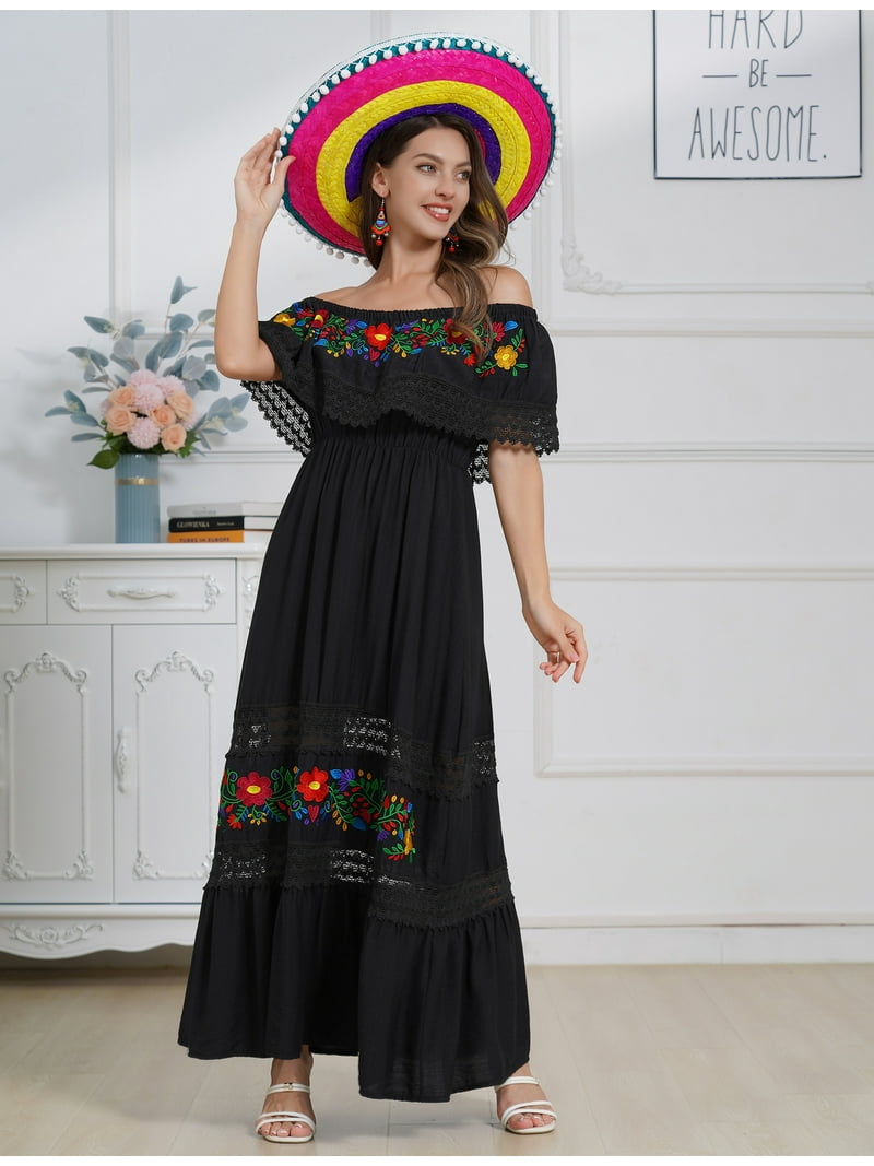 Idopip Women Mexican Dress Off Shoulder Floral Embroidered Long Maxi Dress Traditional Fiesta Dresses Idopip Women Mexican Dress Off Shoulder Floral Embroidered Long Maxi Dress Traditional Fiesta Dresses