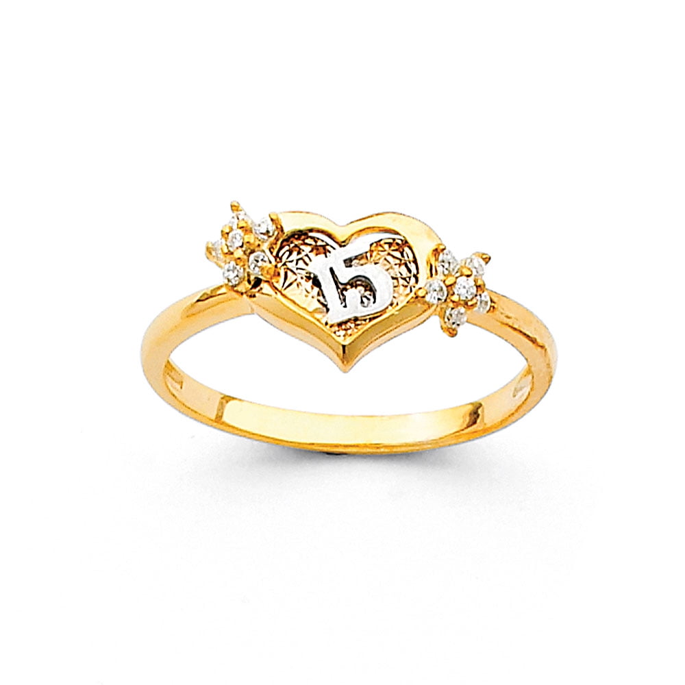 14K Yellow Gold 15 Anos Quinceanera Emerald CZ Heart Ring Size 4-10