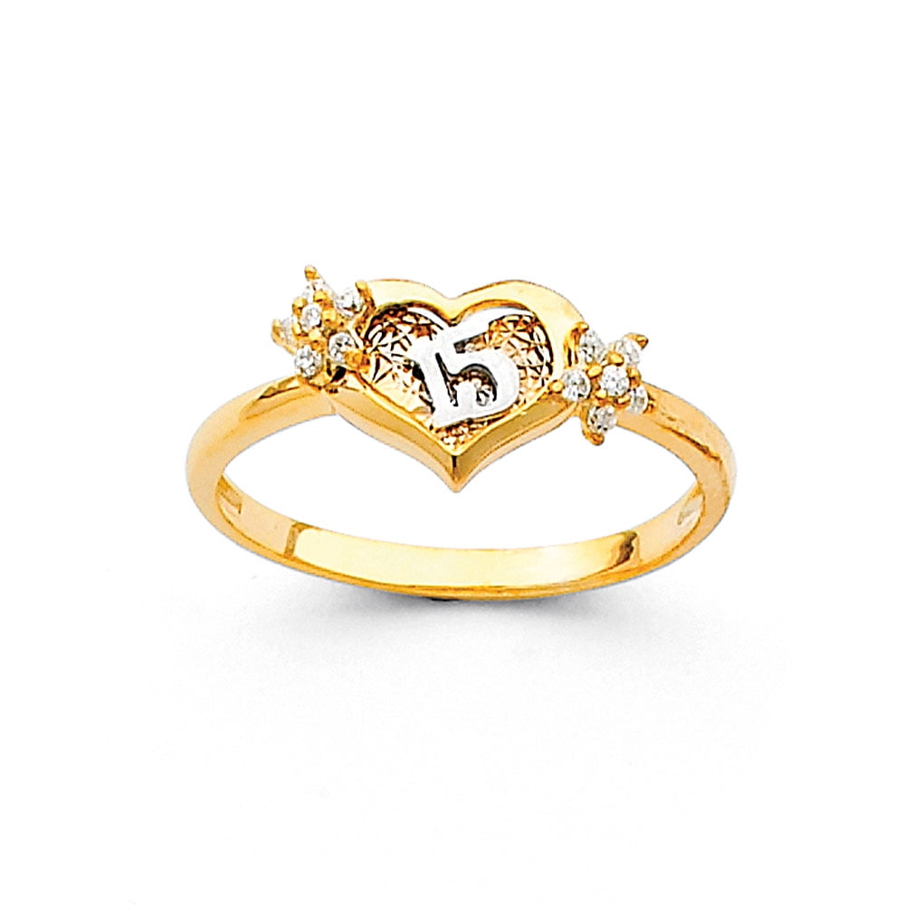 GemApex - Heart 15 Quince Ring Solid 14k Yellow Gold Quinceanera Band ...