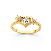 Heart 15 Quince Ring Solid 14k Yellow Gold Quinceanera Band CZ Flowers Love Diamond Cut Fancy