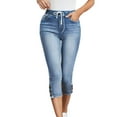 thumbnail image 2 of Jeans for Women Trendy Casual Elastic Waist Ties Stretch Capri Denim Pants Casual Comfortable Women Jeans Blue L, 2 of 8