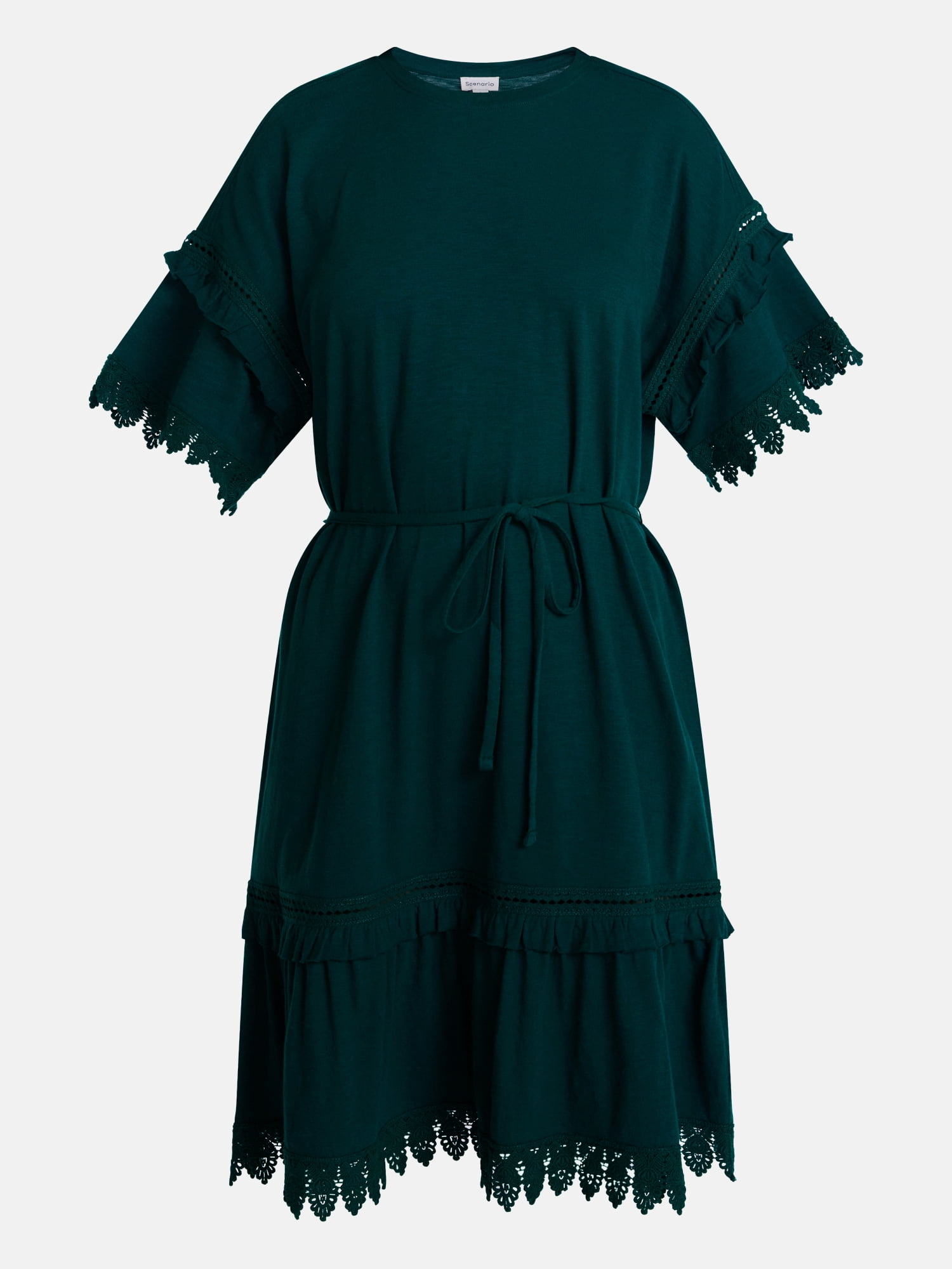 Scenario Women's Lace Trim Knit Dress with Short Sleeves, Sizes XS-XXXL