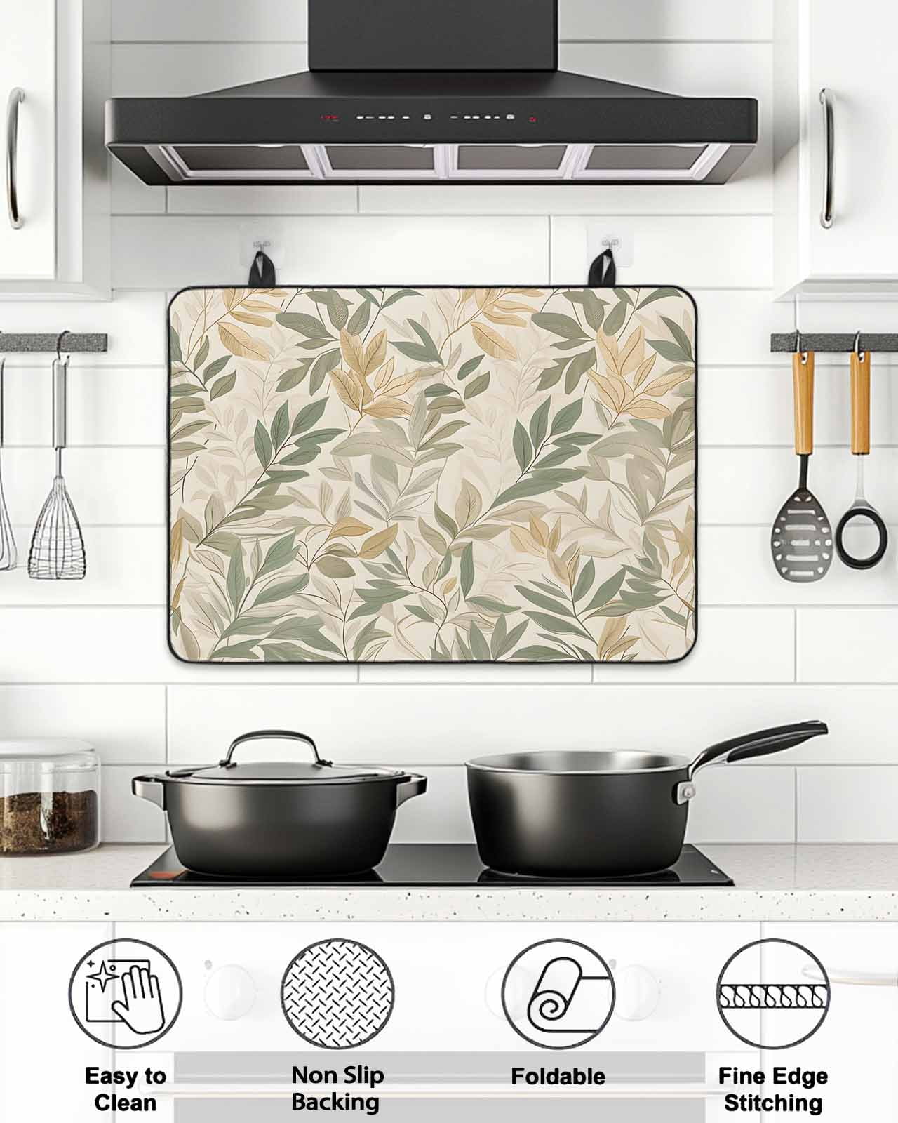 Stove Top Covers for Electric Stove, Sage Green Yellow Botanical Glass Stovetop Cover Protector, Vintage Spring Summer Induction Cooktop Protector Oven Mat for Kitchen Countertop 24"x21"