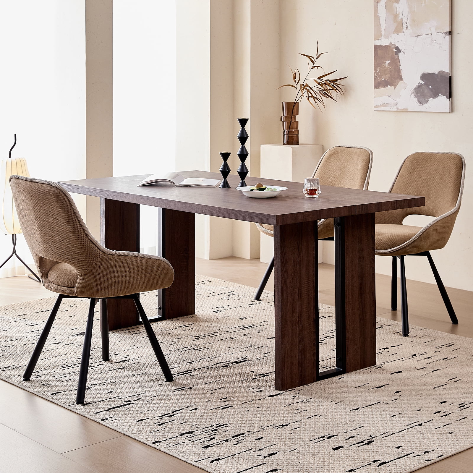 63" Dining Table Set for 4 6 People, 5 Piece Kitchen Dining Room Table with 4 Brown Swivel Chairs for Living Kitchen Room Apartment